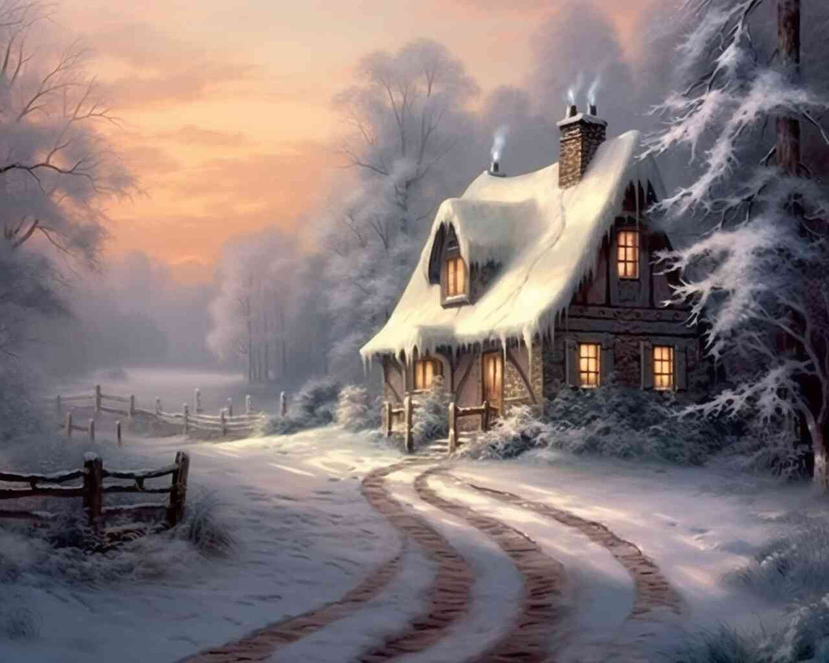 Winterliches Landhaus mit warmem Licht in schneebedeckter Landschaft, umgeben von kühlen Dämmerung, weckt Geborgenheit und Sehnsucht.