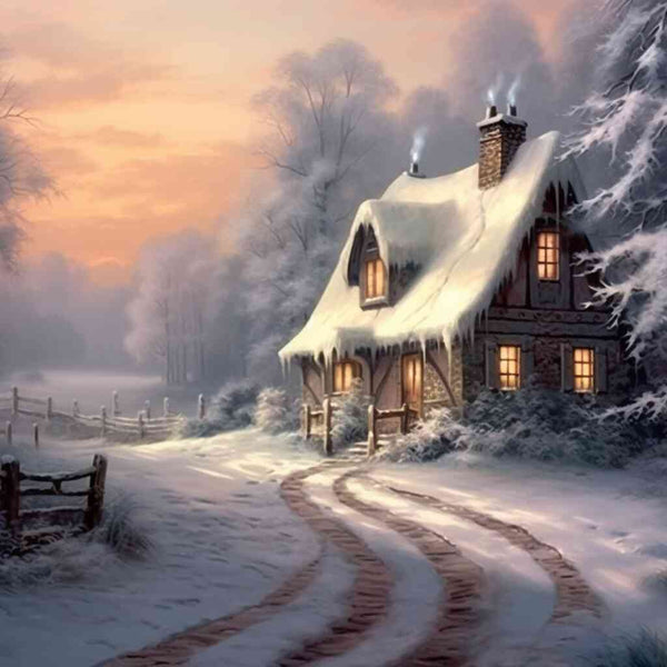 Winterliches Landhaus mit warmem Licht in schneebedeckter Landschaft, umgeben von kühlen Dämmerung, weckt Geborgenheit und Sehnsucht.
