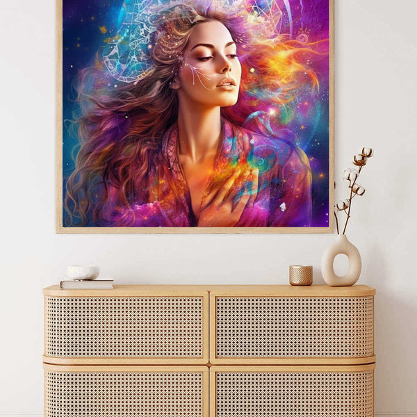 Malen nach Zahlen - Sternenflüsterin, bunt Wandkunst über Holzkommode, entspannendes kreatives Kunstwerk.