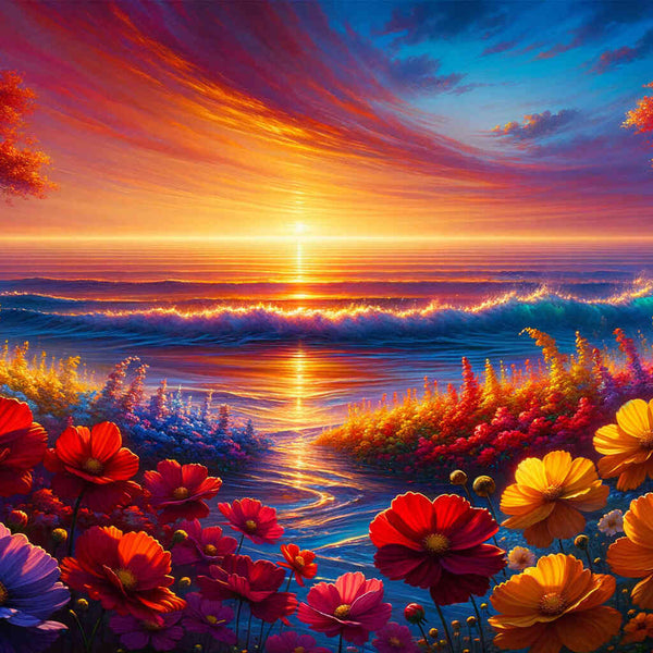 Sonnenuntergang, Meer mit Blumen – Malen nach Zahlen