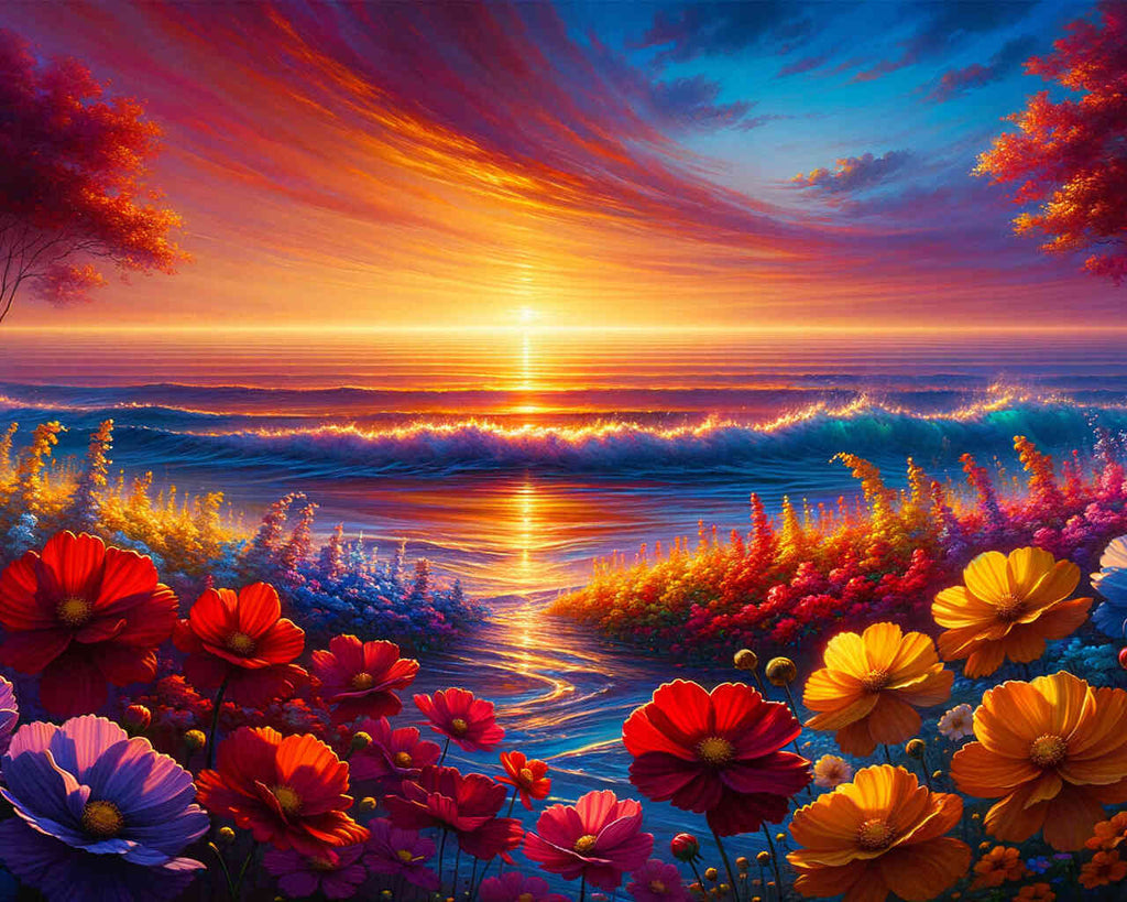 Sonnenuntergang, Meer mit Blumen – Malen nach Zahlen
