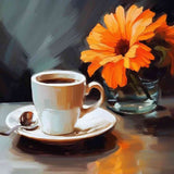 Impressionist painting of a steaming coffee cup and vibrant orange flower on a table, depicting warmth and tranquility in a morning stillness scene.