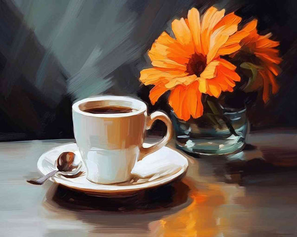 Impressionist painting of a steaming coffee cup and vibrant orange flower on a table, depicting warmth and tranquility in a morning stillness scene.
