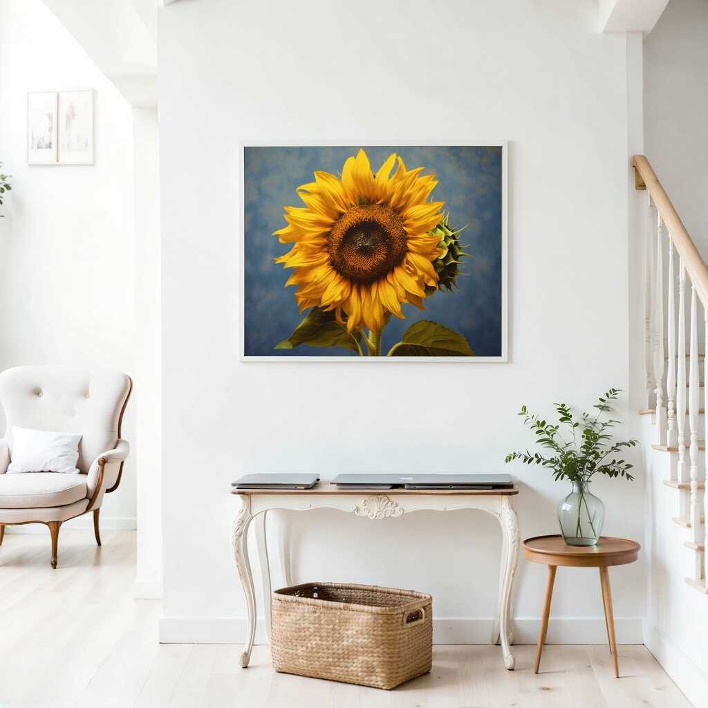 Painting titled 'Sonnentanz' of a sunflower with vibrant yellow petals on a blue background displayed in a bright, airy living room.