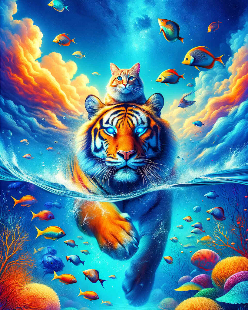 Malen nach Zahlen - Katze schwimmt auf Tiger durchs Meer