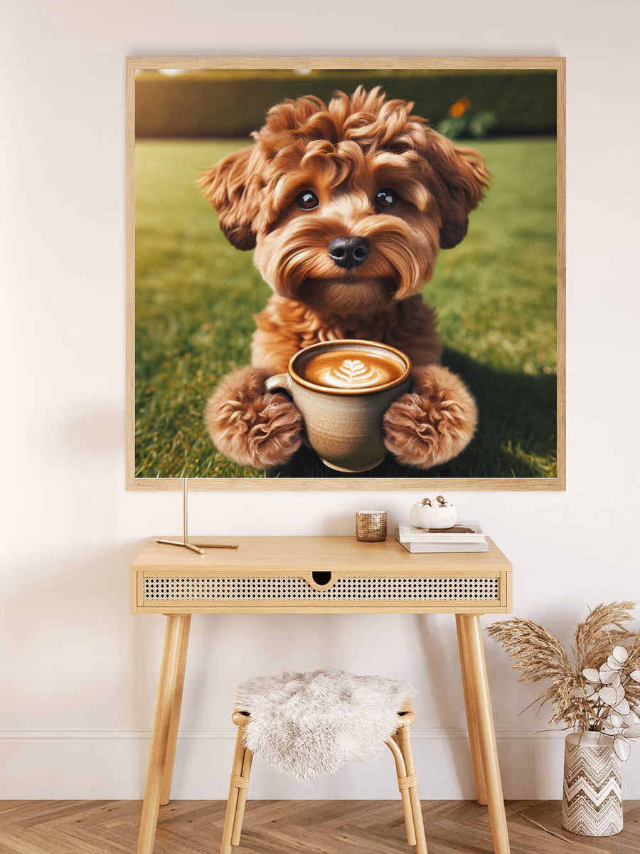 Painting by numbers kit featuring a cute puppy holding a coffee cup in a serene morning light setting.