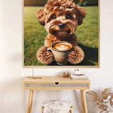 Painting by numbers kit featuring a cute puppy holding a coffee cup in a serene morning light setting.