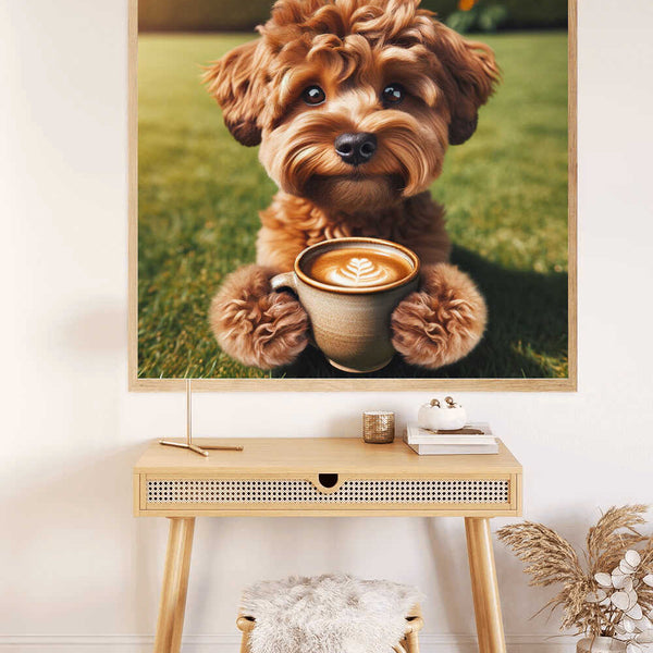 Painting by numbers kit featuring a cute puppy holding a coffee cup in a serene morning light setting.