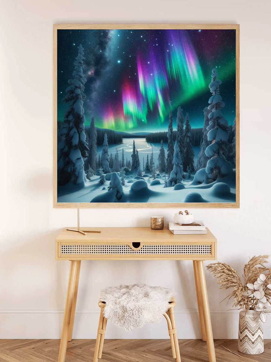 Malen nach Zahlen - Polarlichter des Geheimniswaldes displayed in a cozy room setting with white walls and wooden furniture.