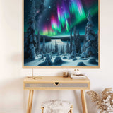 Malen nach Zahlen - Polarlichter des Geheimniswaldes displayed in a cozy room setting with white walls and wooden furniture.