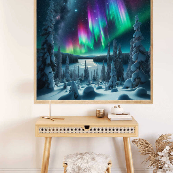 Malen nach Zahlen - Polarlichter des Geheimniswaldes displayed in a cozy room setting with white walls and wooden furniture.