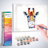 Malen nach Zahlen Set für Giraffe, lebendig und bunt, mit Hand beim Malen und Farben auf Leinwand, Farbexplosion im Tierreich