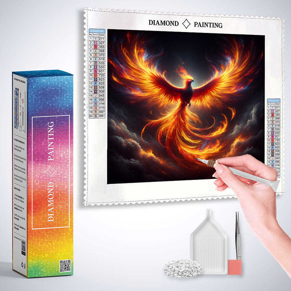 Diamond Painting - Phönix Seitlich mit feurigen Rot-, Orange- und Gelbtönen, majestätischer Vogel mit ausgebreiteten Schwingen, moderne Kunst.