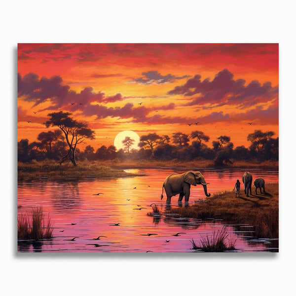 Afrika, Abendrot mit Fluss - Malen nach Zahlen