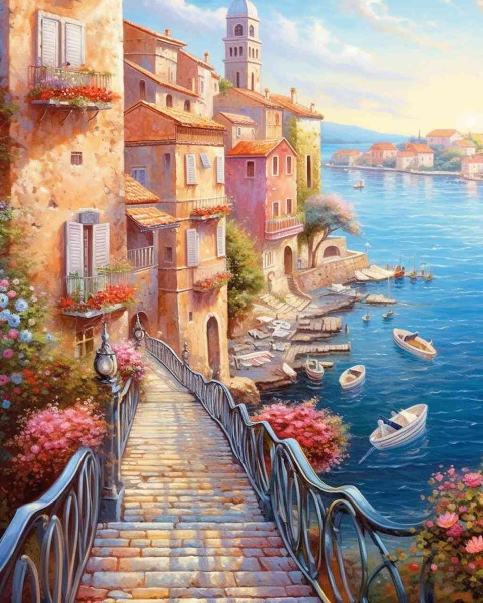 Malen nach Zahlen - Mediterranes Idyll, Meeresbrücke vor pastellfarbenen Häusern bei Sonnenuntergang.