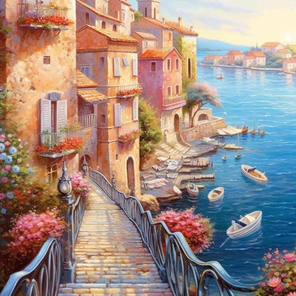 Malen nach Zahlen - Mediterranes Idyll, Meeresbrücke vor pastellfarbenen Häusern bei Sonnenuntergang.