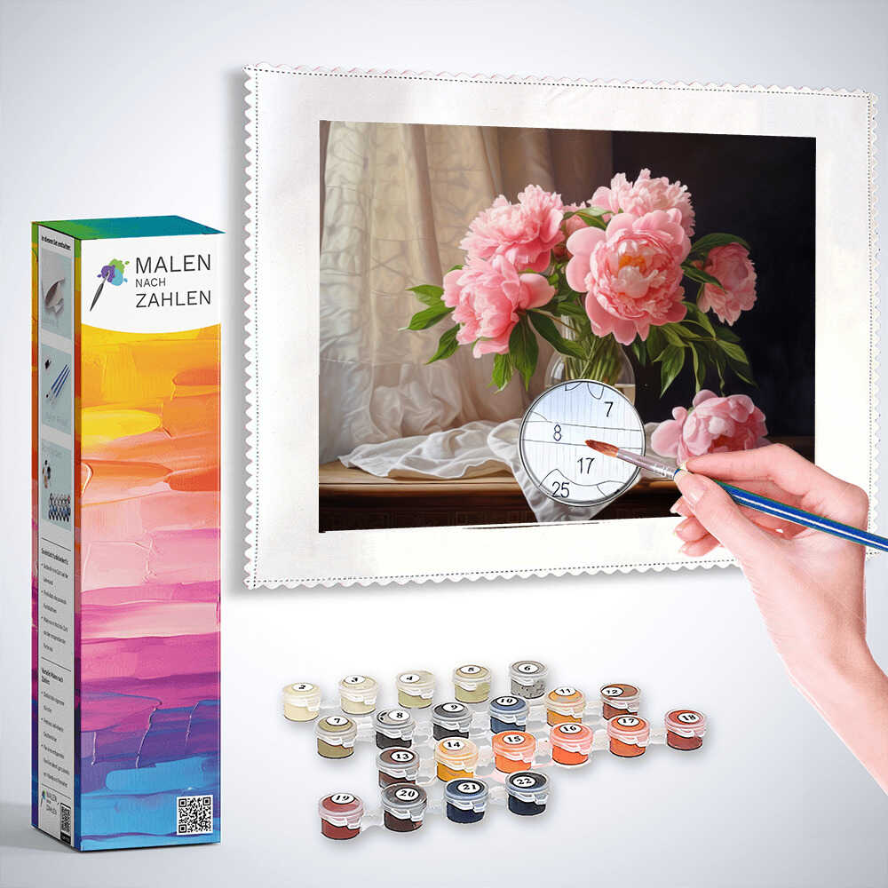Malen nach Zahlen Set "Zarte Eleganz" mit rosa Pfingstrosen Bild und Malutensilien