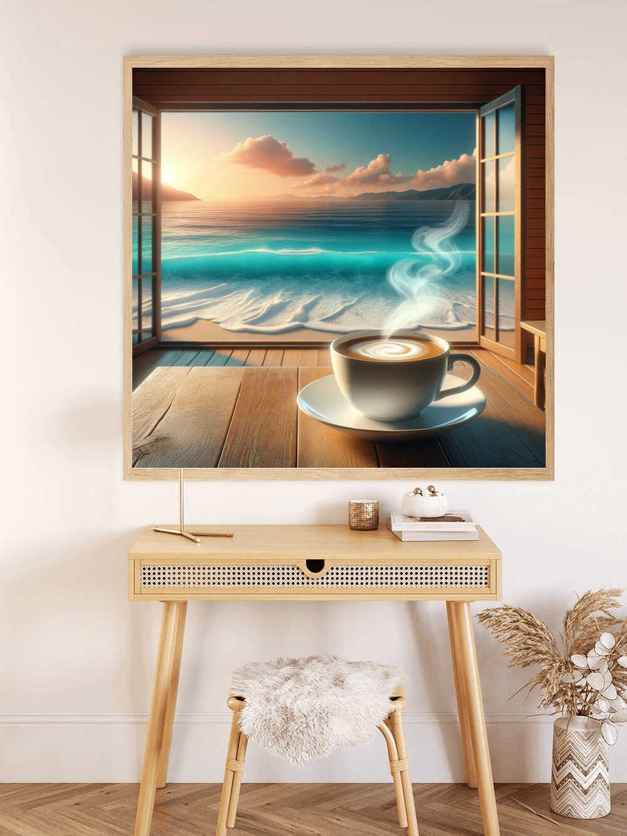 Malen nach Zahlen - Kaffeegenuss am Meer: Relaxing coastal scene with a steaming cup of coffee on a table by the window, overlooking the ocean.