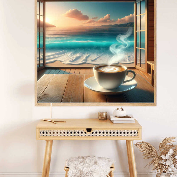Malen nach Zahlen - Kaffeegenuss am Meer: Relaxing coastal scene with a steaming cup of coffee on a table by the window, overlooking the ocean.