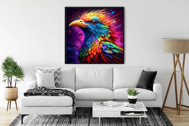 Painting of a colorful phoenix displayed in a modern living room, part of "Malen nach Zahlen - Phönix der Farbenpracht" collection.