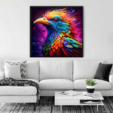 Painting of a colorful phoenix displayed in a modern living room, part of 