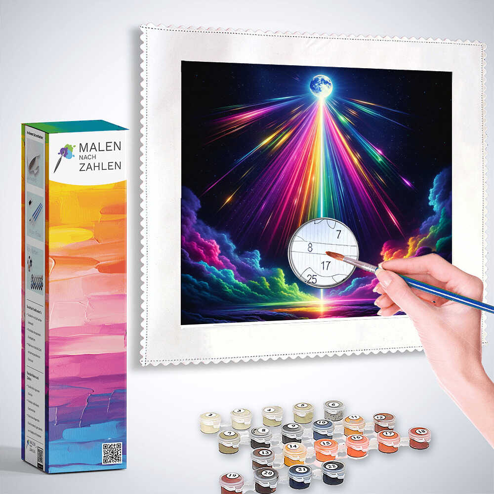 Malen nach Zahlen - Kosmische Sinfonie der Farben Produkt, Box, Leinwand und Malzubehör im Bild