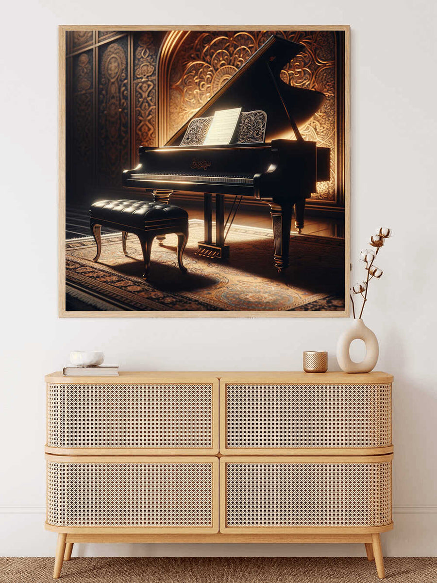 Elegantly framed painting of a black grand piano in a luxurious setting, displayed above a wicker sideboard with decorative items.