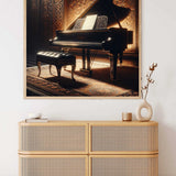 Elegantly framed painting of a black grand piano in a luxurious setting, displayed above a wicker sideboard with decorative items.