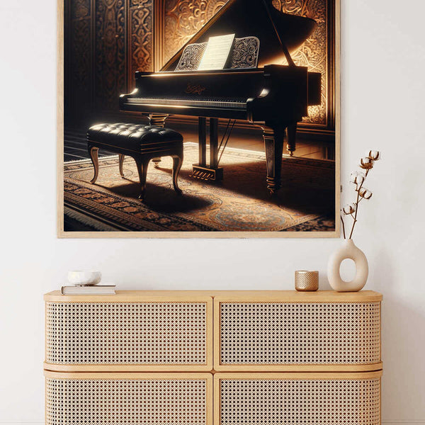 Elegantly framed painting of a black grand piano in a luxurious setting, displayed above a wicker sideboard with decorative items.
