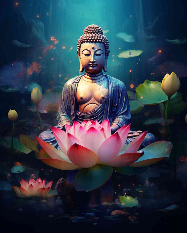 Buddha statue seated on a pink lotus flower surrounded by glowing light particles and blooming lotus flowers in a serene garden.