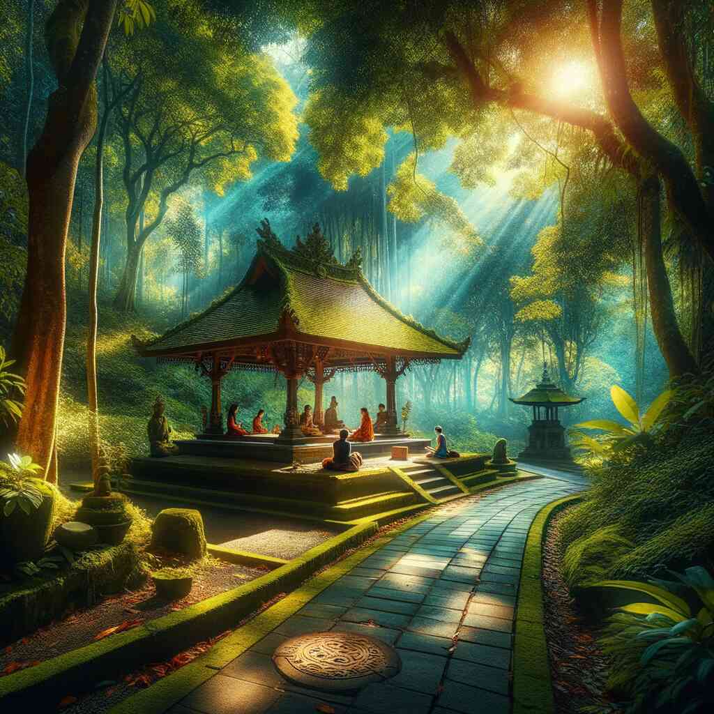 Mystical forest sanctuary with temple pavilion bathed in sunlight filtering through the trees