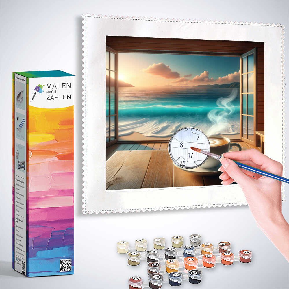 Malen nach Zahlen-Kit zeigt Kaffeetasse am Meer, mit Farben und Leinwand im Hintergrund. Perfekt für entspannendes kreatives Malen