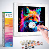 Painting by numbers set featuring a colorful fox design, complete with paints, brushes, and instructional guide for a relaxing art experience.