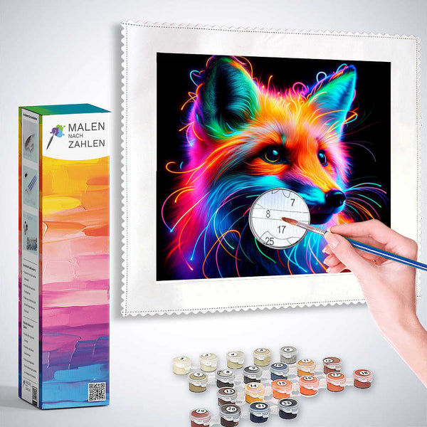 Painting by numbers set featuring a colorful fox design, complete with paints, brushes, and instructional guide for a relaxing art experience.