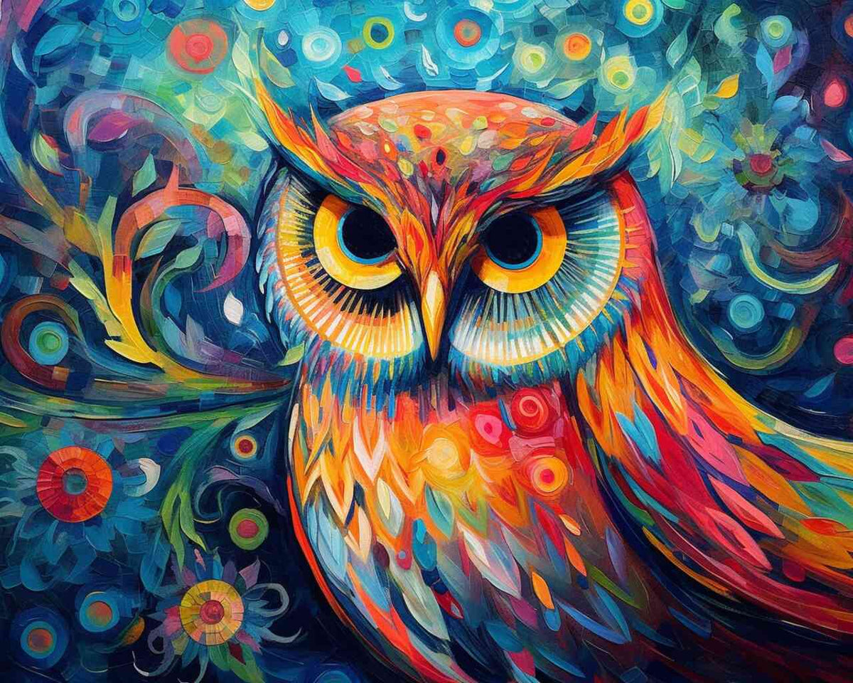Malen nach Zahlen Farbenpracht der Weisheit leuchtender Eulenblick kaleidoskopische Farben Orangen- und Blautöne spiralförmige Muster