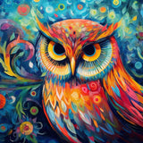 Malen nach Zahlen Farbenpracht der Weisheit leuchtender Eulenblick kaleidoskopische Farben Orangen- und Blautöne spiralförmige Muster