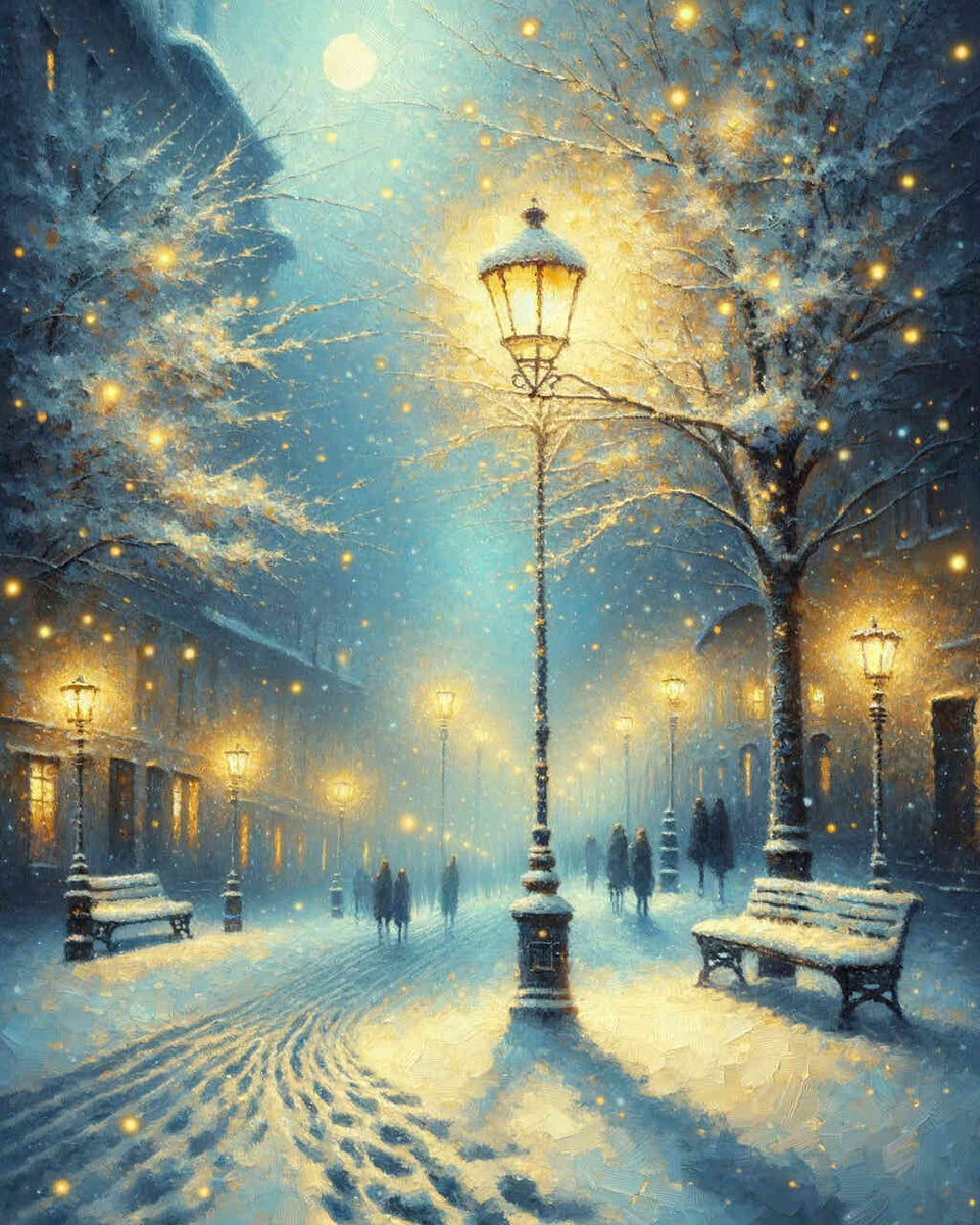 Verschneite Stadtlaterne – Malen nach Zahlen