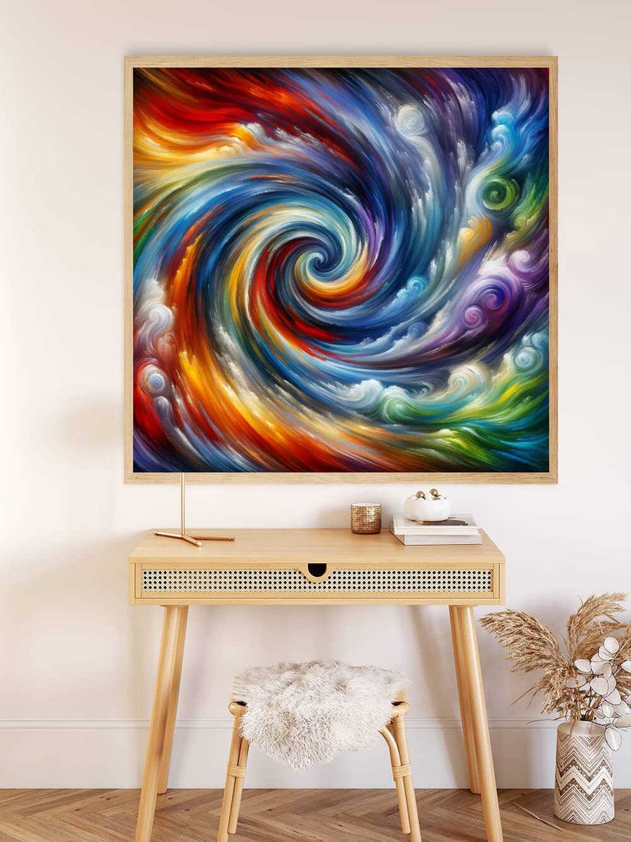 Colorful swirling abstract painting hung above a minimalist desk with a chair and decor.