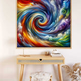 Colorful swirling abstract painting hung above a minimalist desk with a chair and decor.