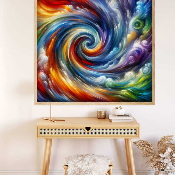 Colorful swirling abstract painting hung above a minimalist desk with a chair and decor.