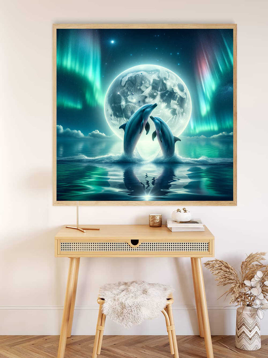 Painting by numbers kit showing dolphins dancing under a full moon, displayed on a minimalist wooden desk setup