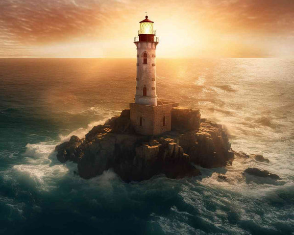 Sonnenaufgang über einem majestätischen Leuchtturm auf zerklüfteten Klippen, umgeben von tanzenden Wellen und goldenem Licht.