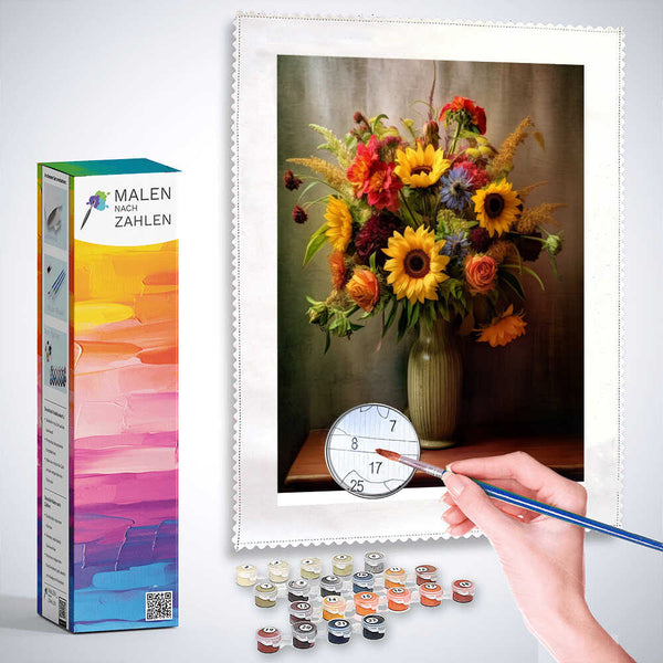 Malen nach Zahlen Set "Farbexplosion im Stillleben" mit lebhaften Sonnenblumen und bunten Blüten, romantisch-impressionistischer Stil.
