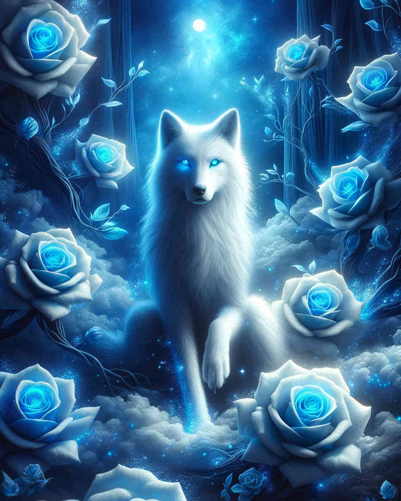 Malen nach Zahlen - Weißer Wolf mit Rosen