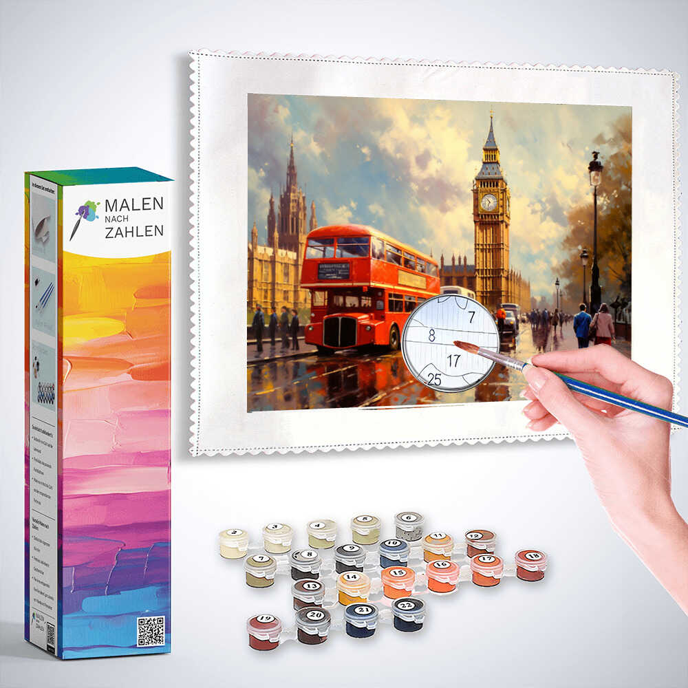 Malen nach Zahlen Set mit London-Motiv, rotem Doppeldeckerbus und Big Ben, lebendige Farben und regnerische Reflexionen im impressionistischen Stil