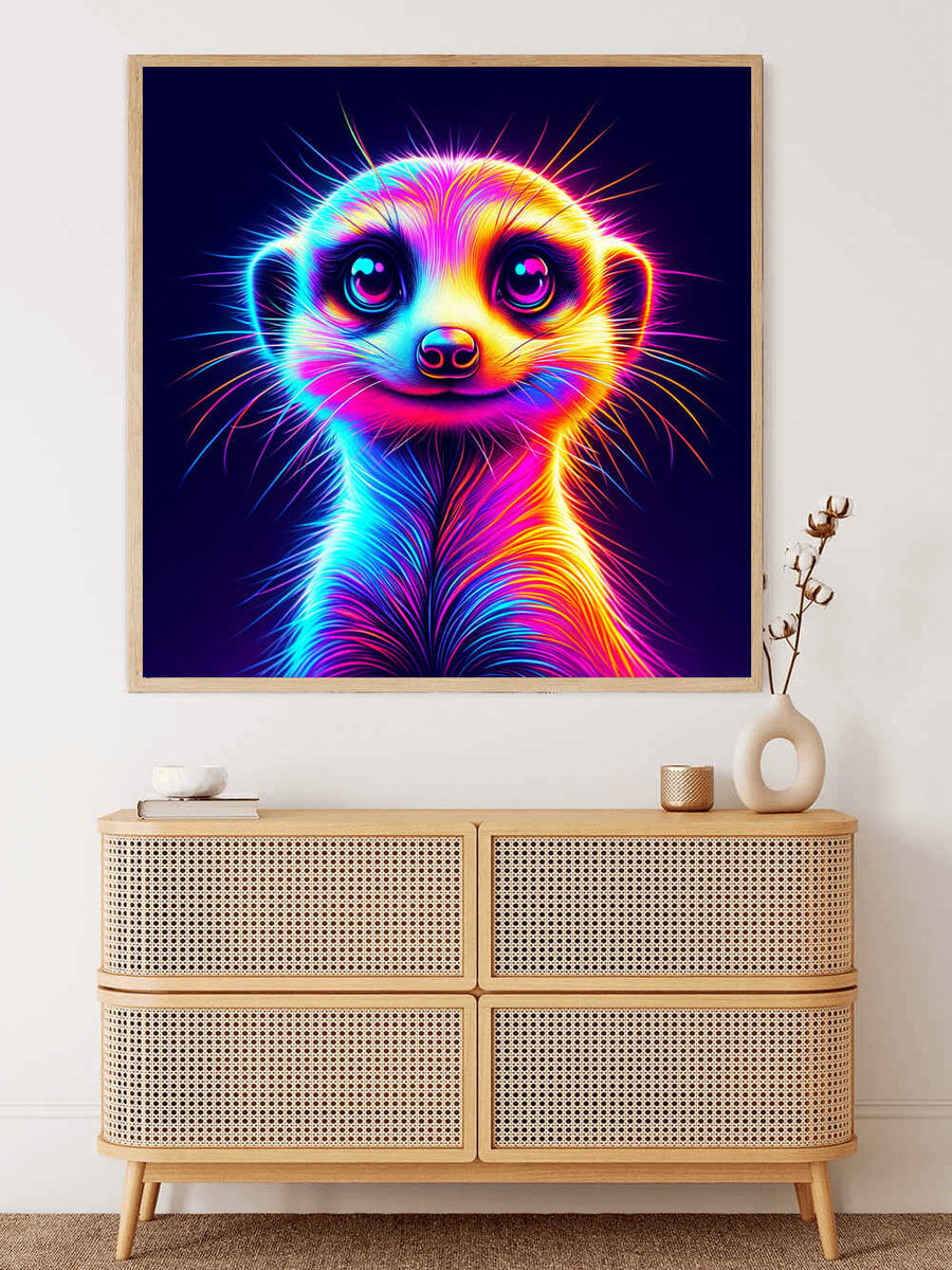 Neon-colored painting of a meerkat with vibrant, rainbow fur displayed above a wooden cabinet in a modern interior.