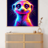Neon-colored painting of a meerkat with vibrant, rainbow fur displayed above a wooden cabinet in a modern interior.