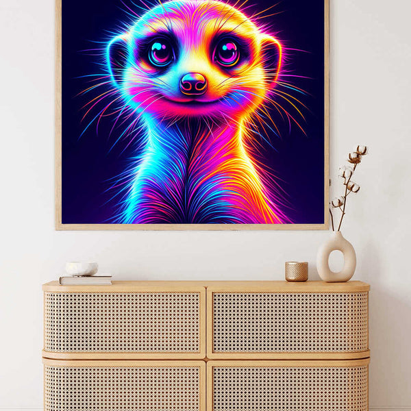 Neon-colored painting of a meerkat with vibrant, rainbow fur displayed above a wooden cabinet in a modern interior.