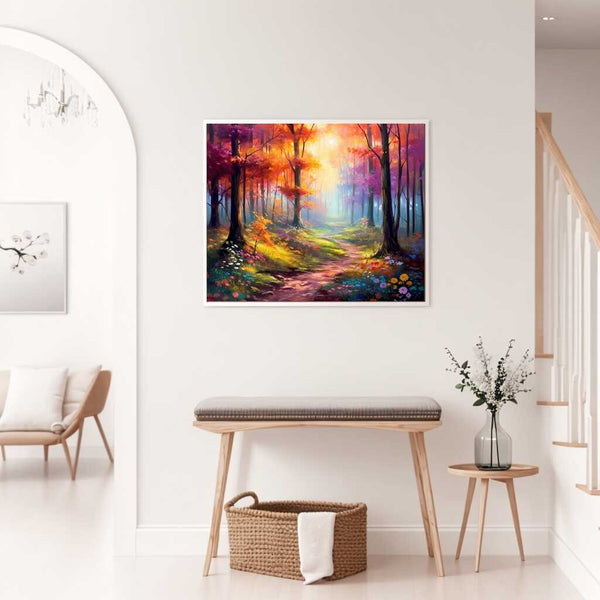 Painting of a mystical forest path with crimson and golden trees in morning light, displayed in a bright modern room.