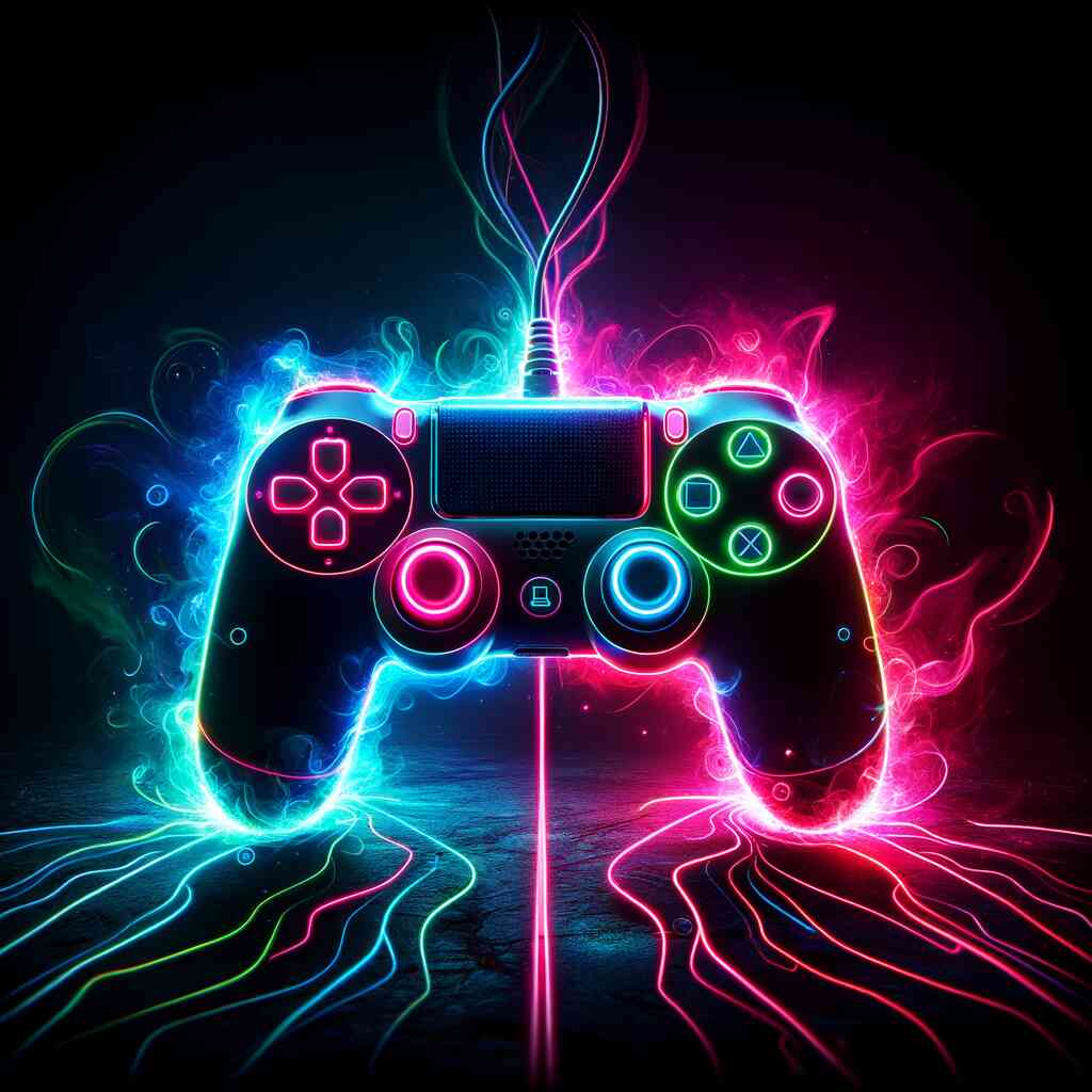 Neon lit gaming controller with swirling colorful lights, representing vibrant energy and excitement in video gaming.